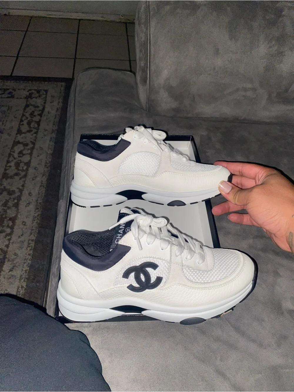 CHANEL White and Black Low-Top Sneakers